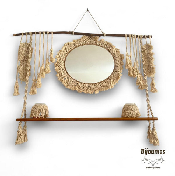 Yomna Boho Set- Handmade Boho Wall Macrame Mirror with Macrame Shelf