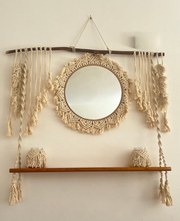 Yomna Boho Set- Handmade Boho Wall Macrame Mirror with Macrame Shelf